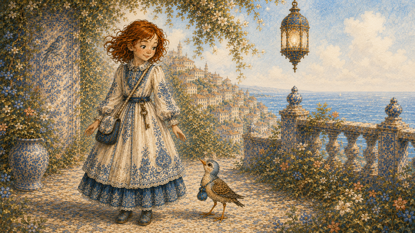 Menina loira em vestido azul e dourado, com pássaro ao lado, vista de cidade costeira e lanternas.